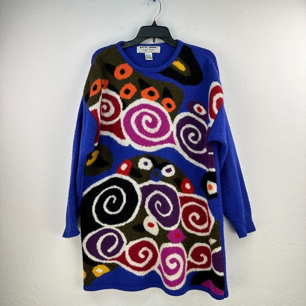 Vintage Kitty Hawk Sweater Womens Medium Blue Purple Abstract Art To Wear Chunky